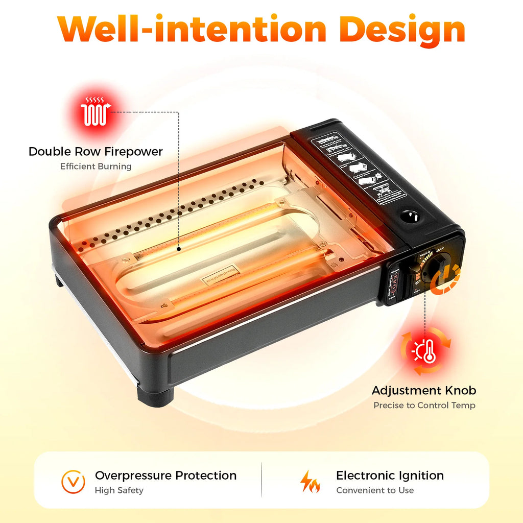Gas-powered stove with features highlighted on a white background