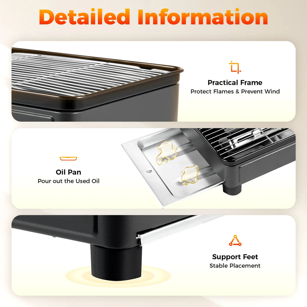 Portable gas-powered stove with features highlighted on a beige background from The Adirondack Tool Co.