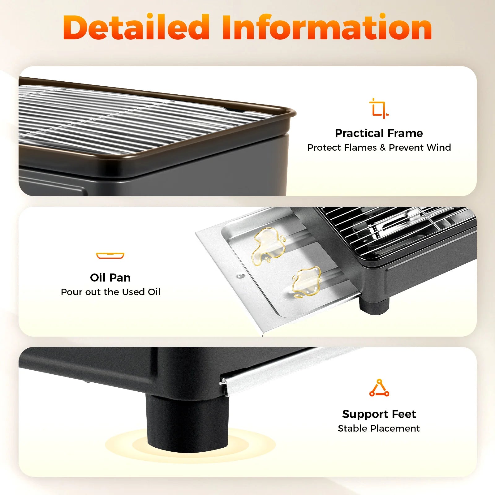 Portable gas-powered stove with features highlighted on a beige background from The Adirondack Tool Co.