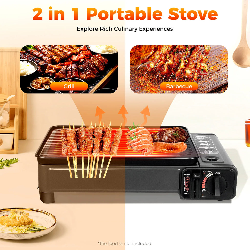 Portable gas-powered stove with grill and barbecue functions, displaying food on a white background.