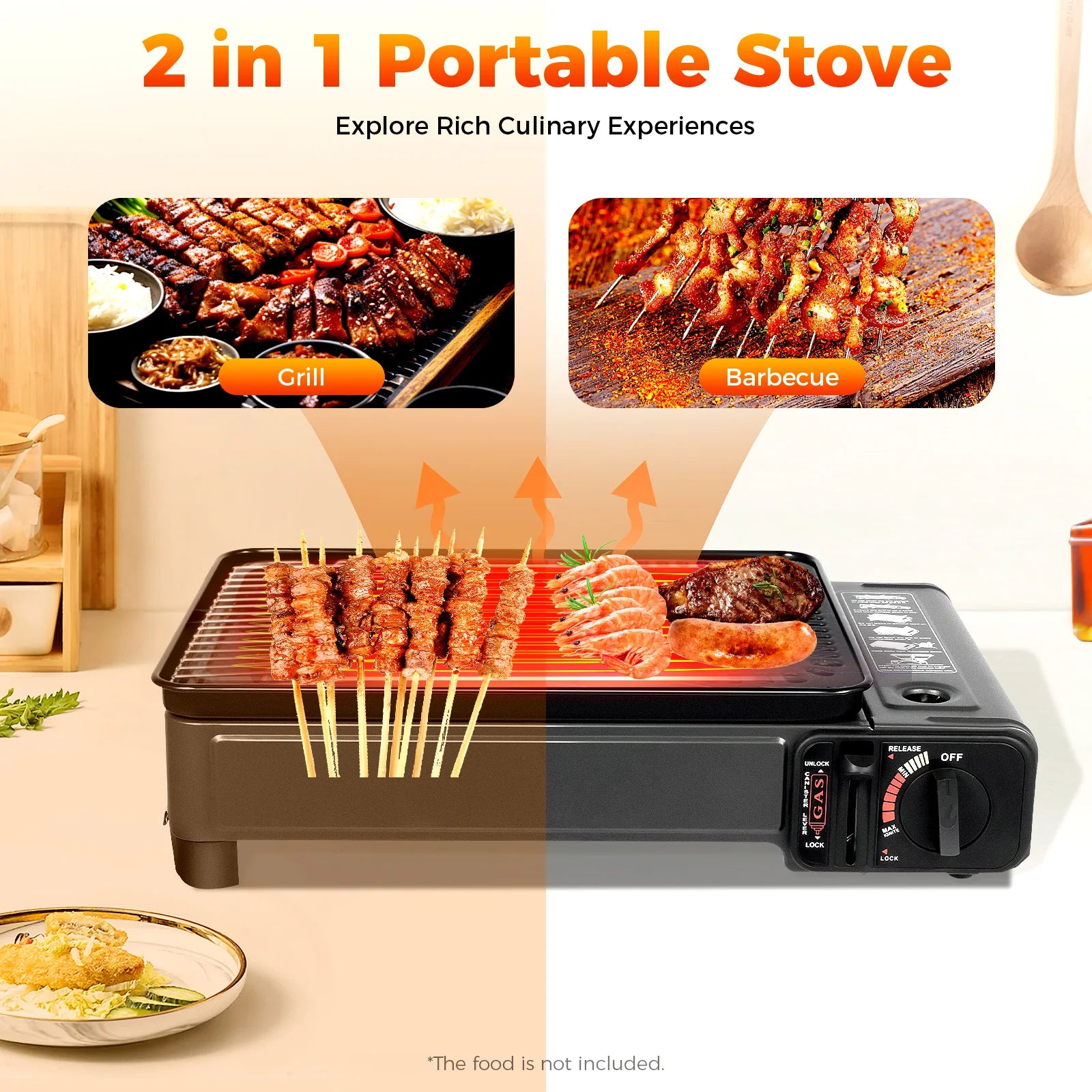 Portable gas-powered stove with grill and barbecue functions, displaying food on a white background.