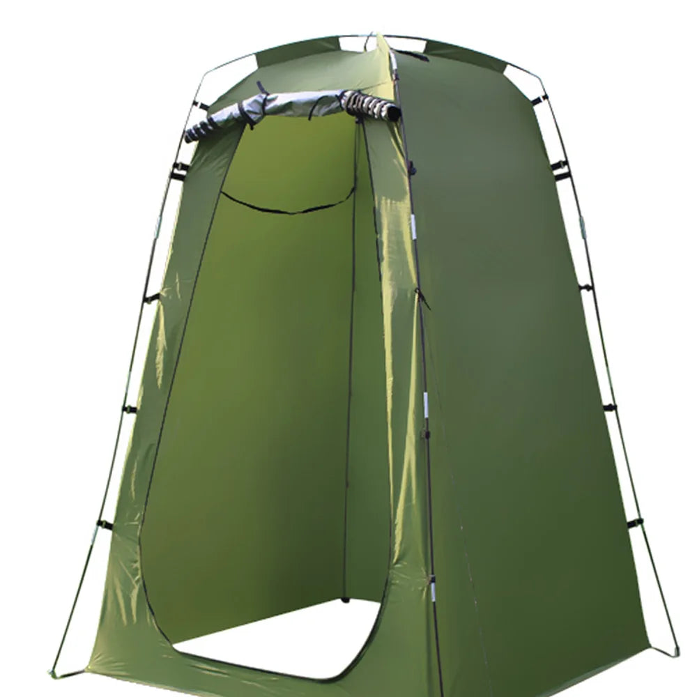 Green privacy tent with black poles and straps on a white background - offered by the best outdoor gear company in New York, The Adirondack Tool Co.