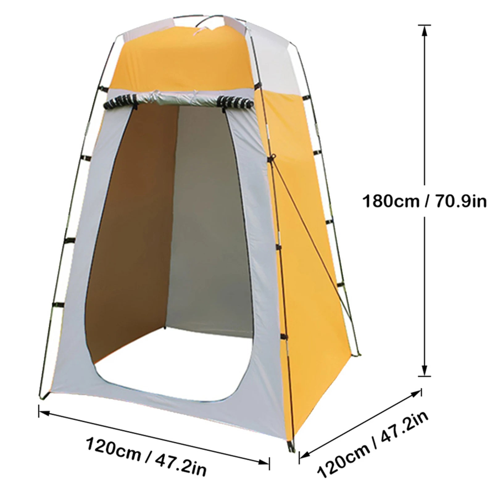 Orange privacy tent with size dimensions, and black poles and straps on a white background - offered by the best outdoor gear company in New York, The Adirondack Tool Co.