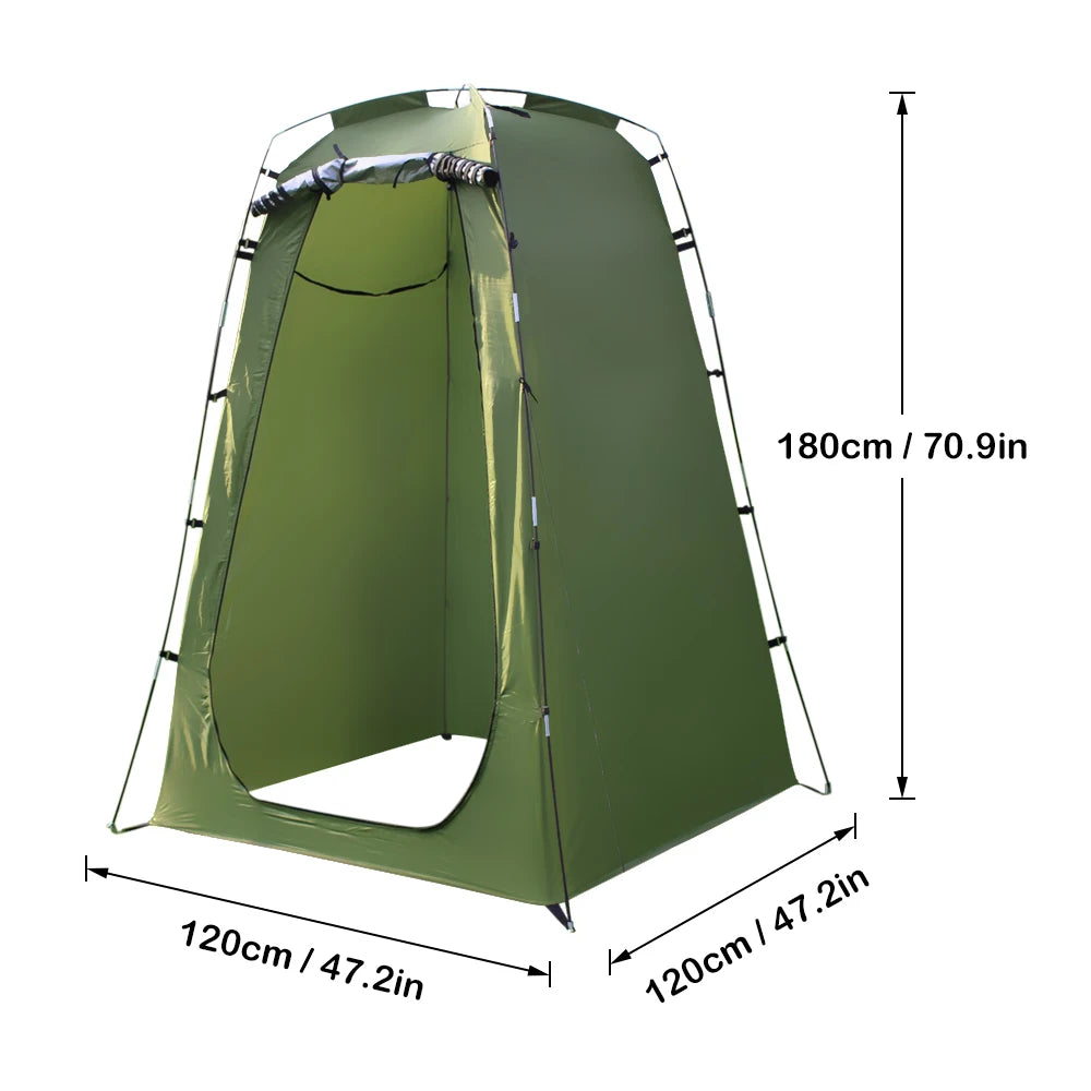 Green privacy tent with dimensions on a white background - offered by the best outdoor gear company in New York, The Adirondack Tool Co.