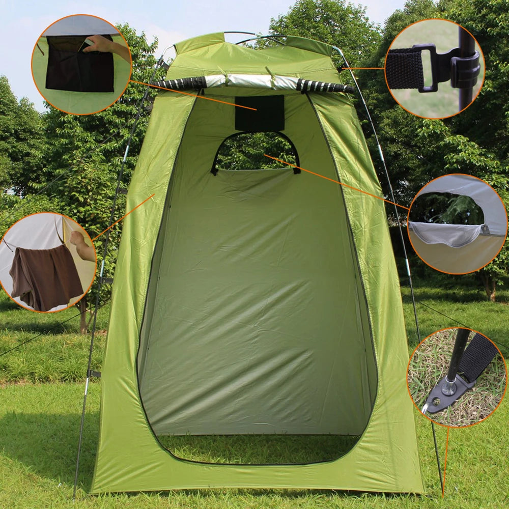Green privacy tent with detailed views of its features on a grassy background - offered by the best outdoor gear company in New York, The Adirondack Tool Co.