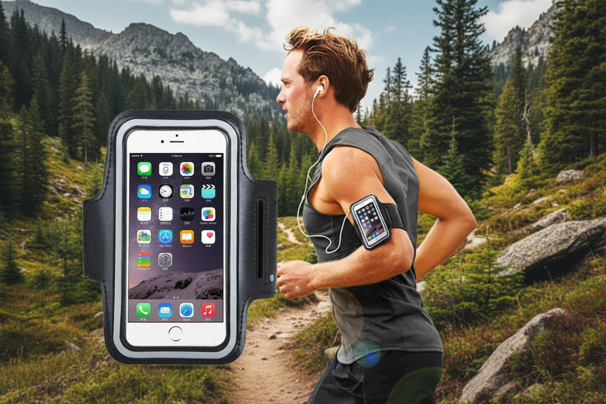 Man running with a phone armband on a white background - Offered by the Adirondack Tool Co.