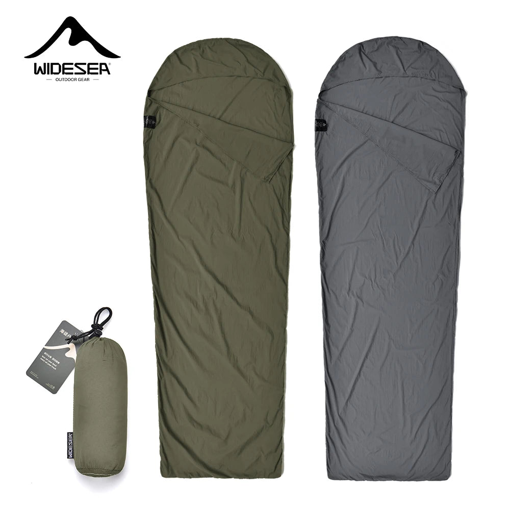 Two sleeping bags, one olive green and one gray. The olive green sleeping bag is shown with its included carrying case. 