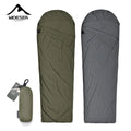 Two sleeping bags, one olive green and one gray. The olive green sleeping bag is shown with its included carrying case. 
