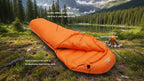 Orange sleeping bag in a nature setting with features - offered by the best camping gear store in Vermont, the Adirondack Tool Co.