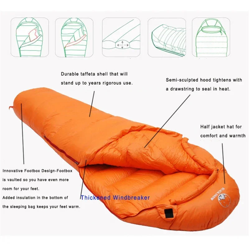 Orange sleeping bag from The Adirondack Tool Co. with features highlighted on a white background