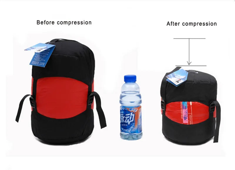 Comparison of The Adirondack Tool Co. sleeping bag before and after compression with a bottle for scale.