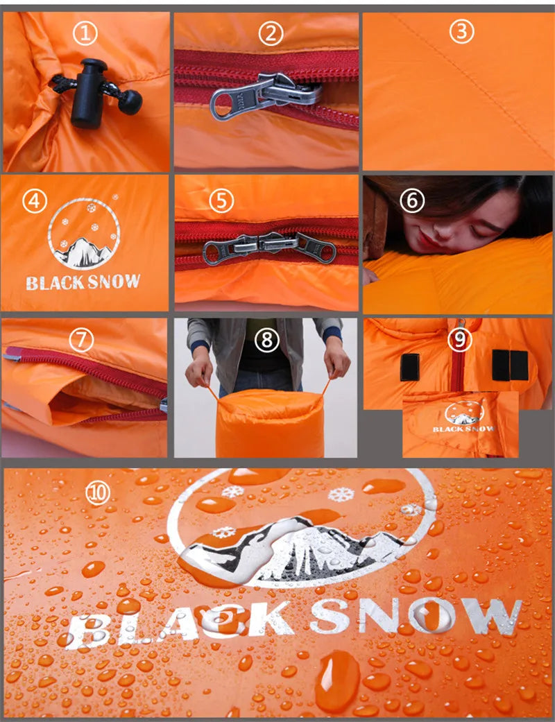 Collage of an orange sleeping bag with Black Snow branding, showing various features and design elements. Offered by The Adirondack Tool. Co.