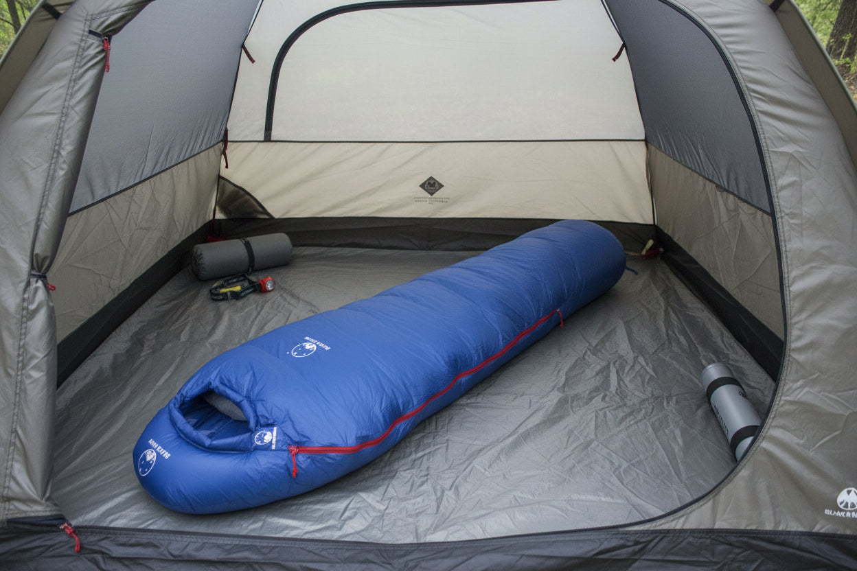 Blue goose down sleeping bag offered by the best camping gear store in Vermont, the Adirondack Tool Co.
