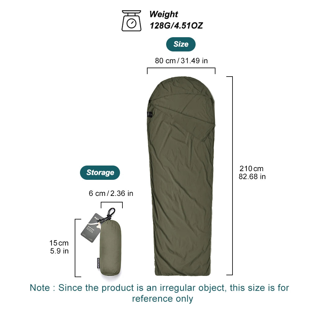 Green sleeping bag with measurements and weight information on a white background