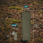 Green sleeping bag with measurements and weight information on a forest background