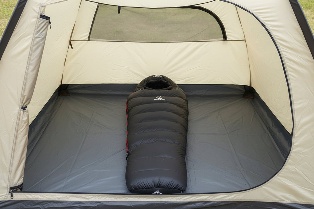 Black goose down sleeping bag offered by the best camping gear store in Vermont, the Adirondack Tool Co.