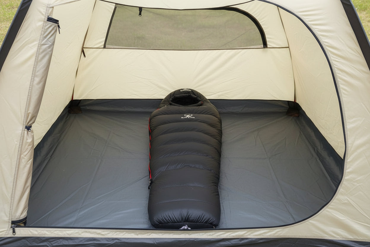 Black goose down sleeping bag offered by the best camping gear store in Vermont, the Adirondack Tool Co.