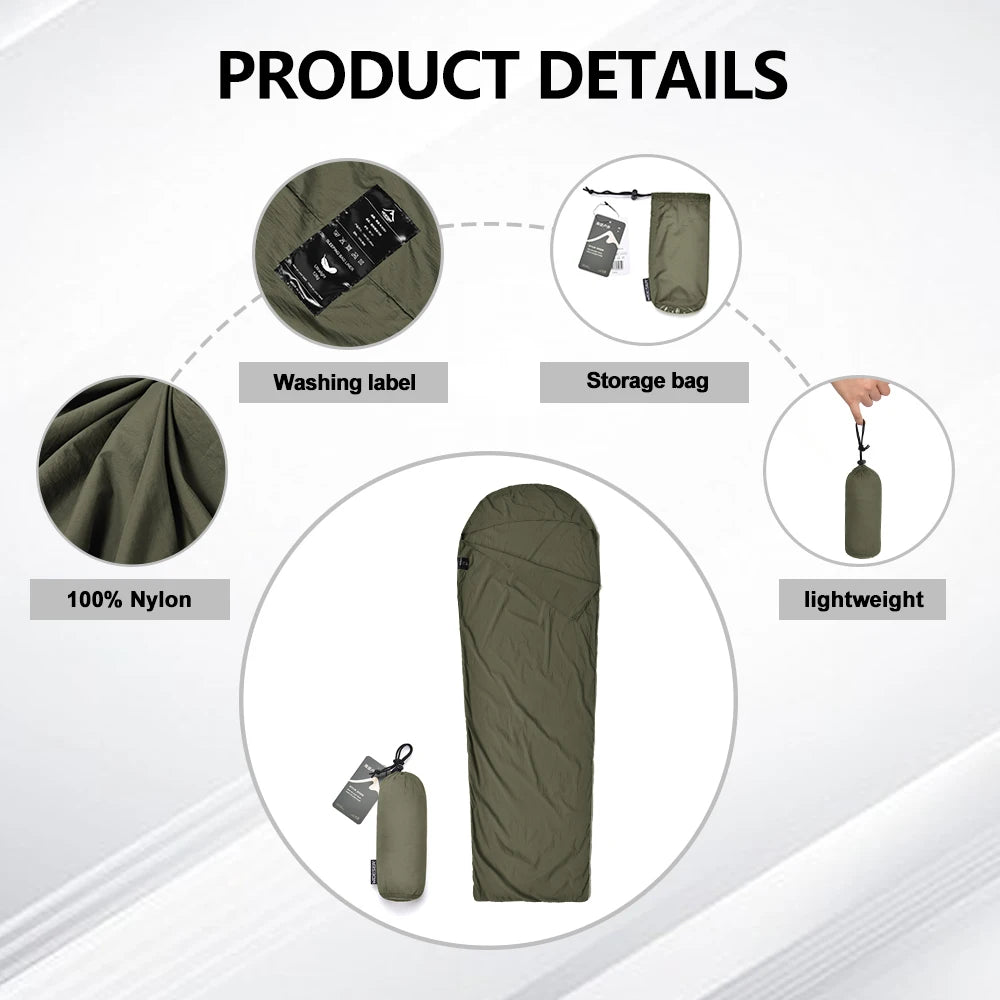 Product details of The Adirondack Tool Co.'s green sleeping bag with washing label, storage bag, and lightweight features on a white background.