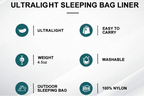 The Adirondack Tool Co.'s ultralight sleeping bag liner with a description of its features and a Jeep and tent in the background