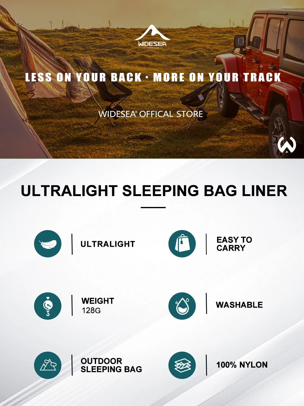 The Adirondack Tool Co.'s ultralight sleeping bag liner with a description of its features and a Jeep and tent in the background