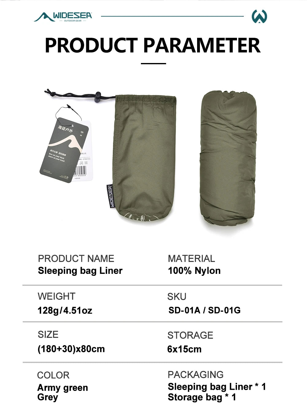 Green sleeping bag / liner with packaging and product parameter details on a white background