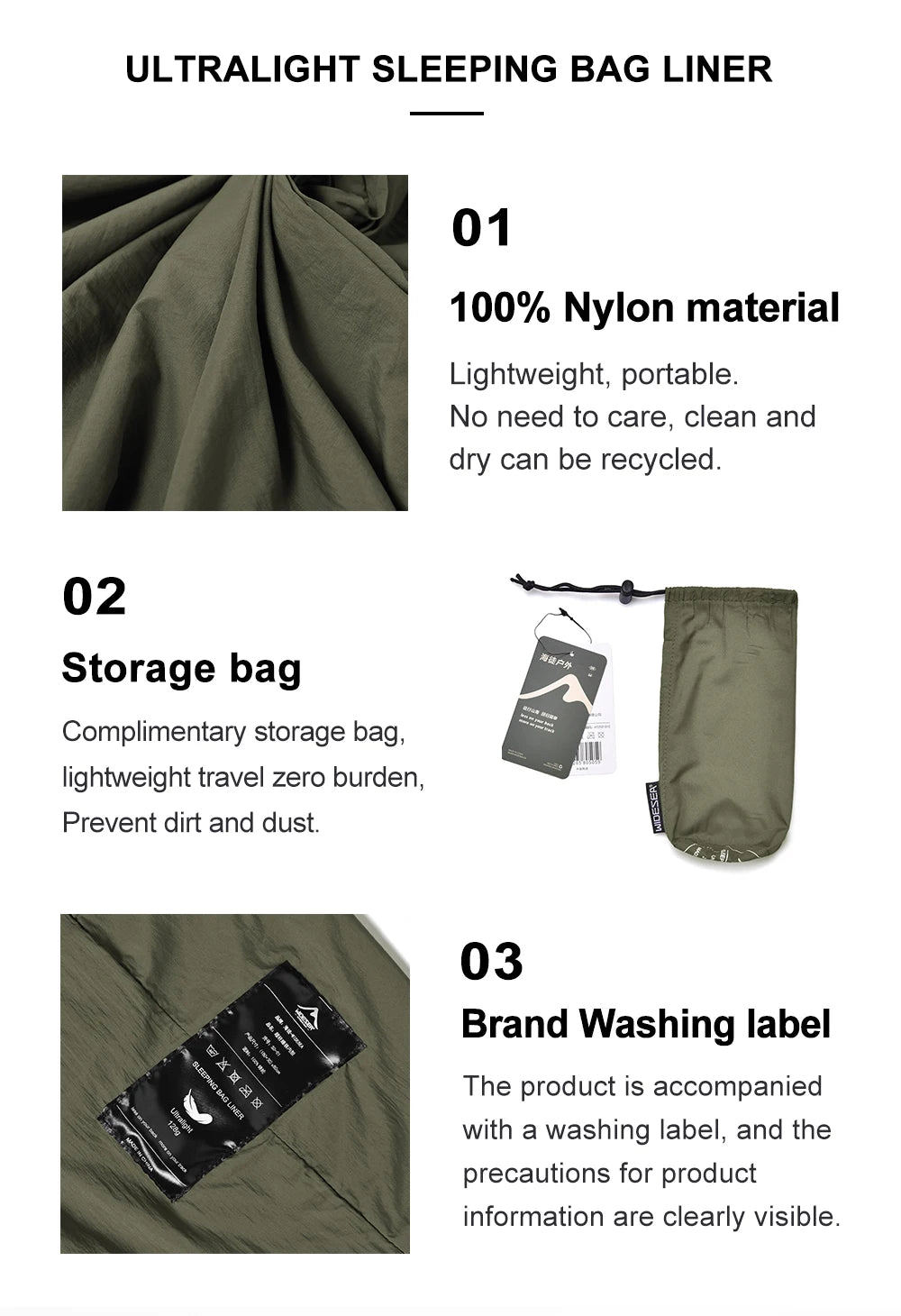 The Adirondack Tool Co.'s sleeping bag liner's features written on a white background