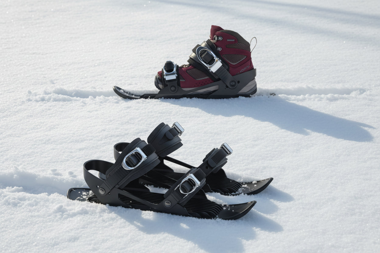 Black snow skates on a snowy surface - offered by the best outdoor gear store in New York, The Adirondack Tool Company