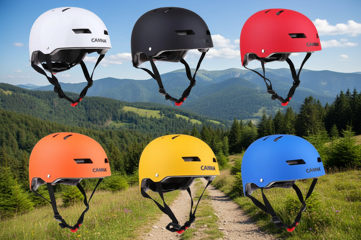 6 sports helmets on an outdoor background - offered by the best outdoor sports gear store in Massachusetts, The Adirondack Tool Co.