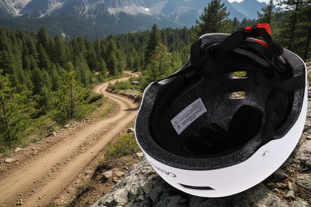 White sports helmet on an outdoor background - offered by the best outdoor sports gear store in Massachusetts, The Adirondack Tool Co.
