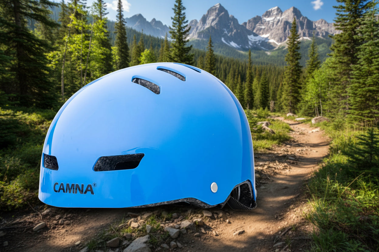 Blue sports helmet on an outdoor background - offered by the best outdoor sports gear store in Massachusetts, The Adirondack Tool Co.