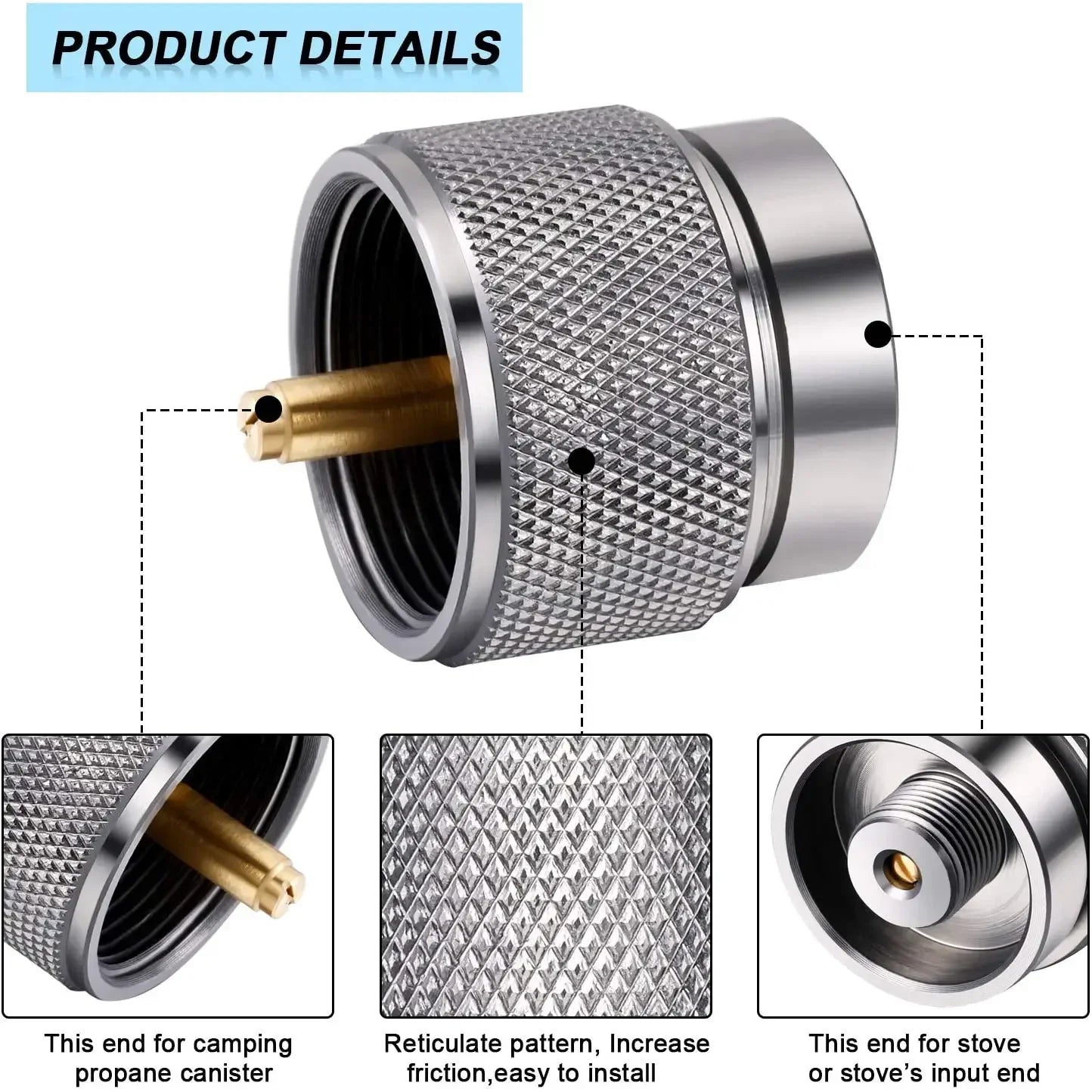 Butane / Propane Tank Valve Conversion Head, with description showing use for camping propane cannisters and camping stoves. Offered by the Northeast's premier outdoor gear provider, The Adirondack Tool Co.