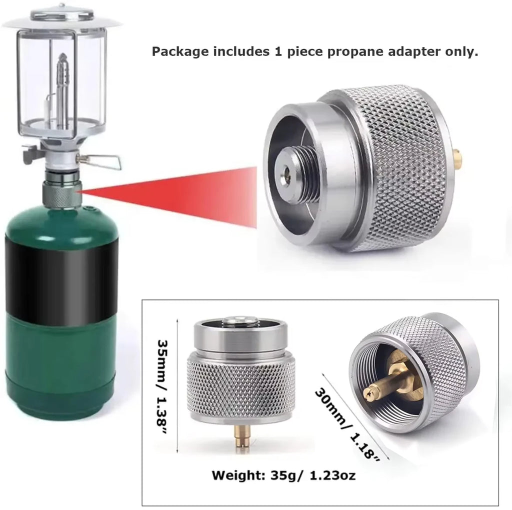 Propane adapter for camping lantern with detailed view and dimensions on a white background. Offered by the best hiking gear provider in the Northeast, The Adirondack Tool Company.