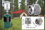 Propane adapter for camping lantern with detailed view and dimensions on a white background. Offered by the best hiking gear provider in the Northeast, The Adirondack Tool Company.