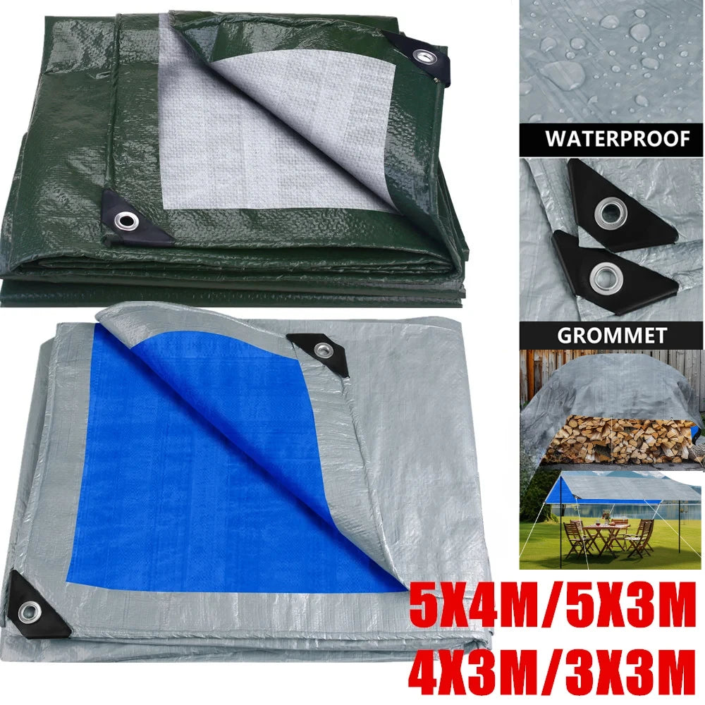 Waterproof tarpaulin with grommets in green, gray, and blue colors, shown in various sizes - offered by the best hiking and camping gear provider in the Northeast, The Adirondack Tool Co.