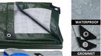 Waterproof tarpaulin with grommets in green, gray, and blue colors, shown in various sizes - offered by the best hiking and camping gear provider in the Northeast, The Adirondack Tool Co.