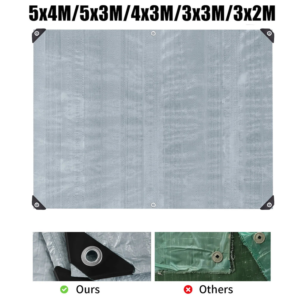 Gray tarp with size options and quality comparison at the bottom - offered by the best hiking and camping gear provider in the Northeast, The Adirondack Tool Co.