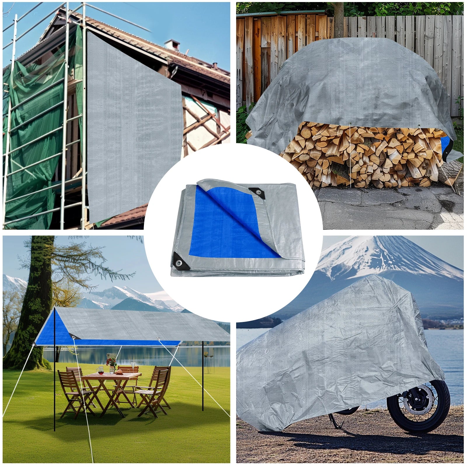 Collage of various uses for a gray and blue tarp including outdoor furniture, firewood, and vehicle cover. Offered by the best hiking and camping gear provider in the Northeast, The Adirondack Tool Co.