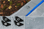 Collage of a gray tarp with blue edge, grommets, and water droplets - offered by the best hiking and camping gear provider in the Northeast, The Adirondack Tool Co.