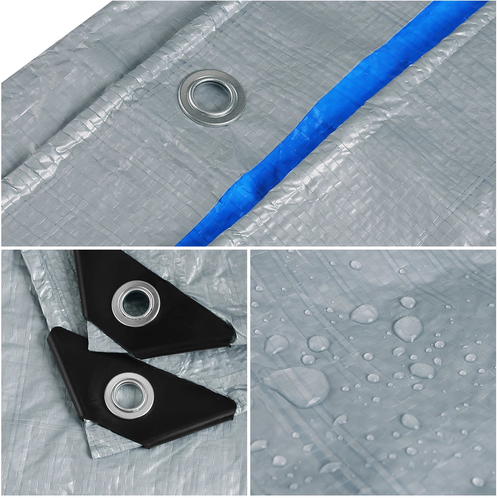 Collage of a gray tarp with blue edge, grommets, and water droplets - offered by the best hiking and camping gear provider in the Northeast, The Adirondack Tool Co.