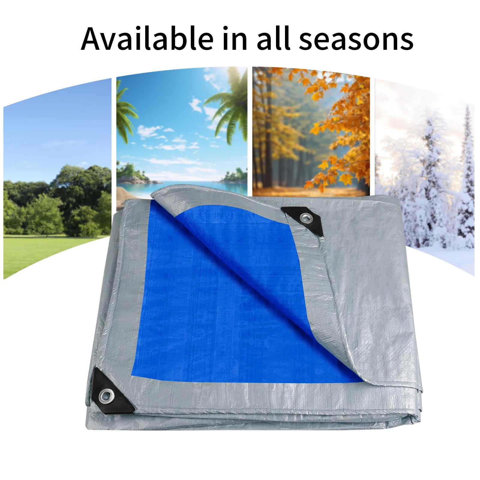 Blue and gray tarp with images of a beach, forest, and snowy landscape above it, indicating its use in various seasons - offered by the best hiking and camping gear provider in the Northeast, The Adirondack Tool Co.