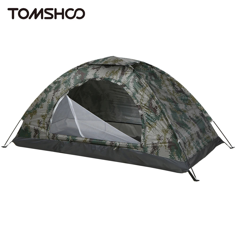 Camouflage-patterned tent with 'TOMSHOO' branding on a white background - offered by the best gear provider in Boston, The Adirondack Tool Co. 