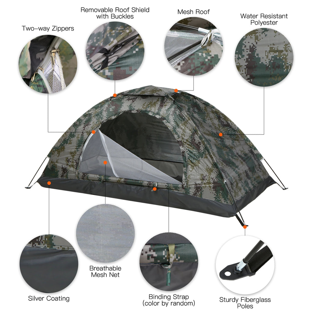 Camouflage tent with features highlighted on a white background - offered by the best gear provider in Boston, The Adirondack Tool Co. 