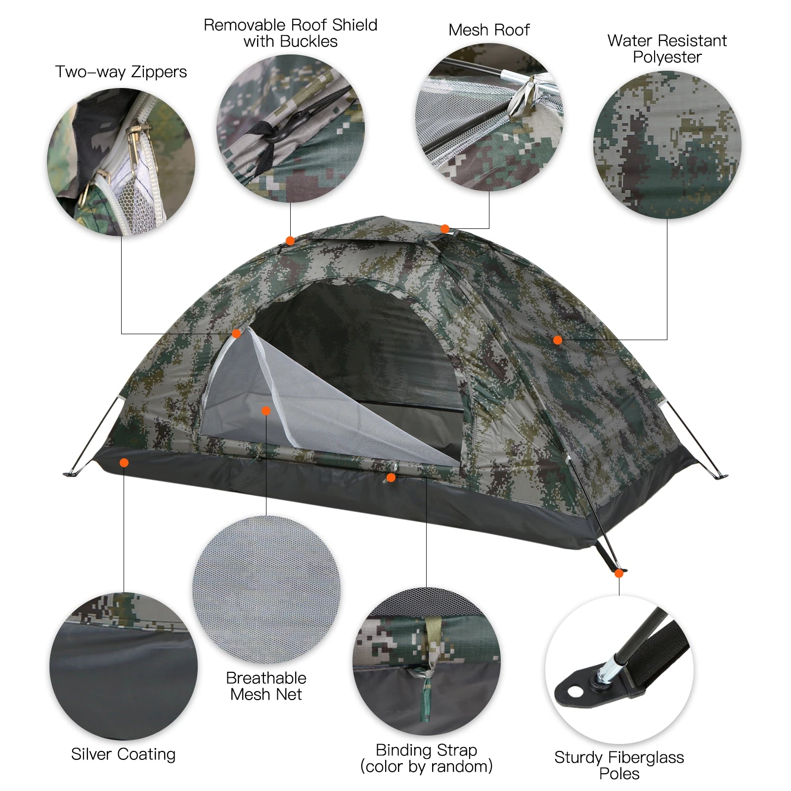 Camouflage tent with features highlighted on a white background - offered by the best gear provider in Boston, The Adirondack Tool Co. 