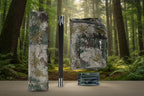 Camouflage-patterned tent parts including a tent sheet, poles, carry case, stakes and a groundsheet on a white background - offered by the best gear provider in Boston, The Adirondack Tool Co. 