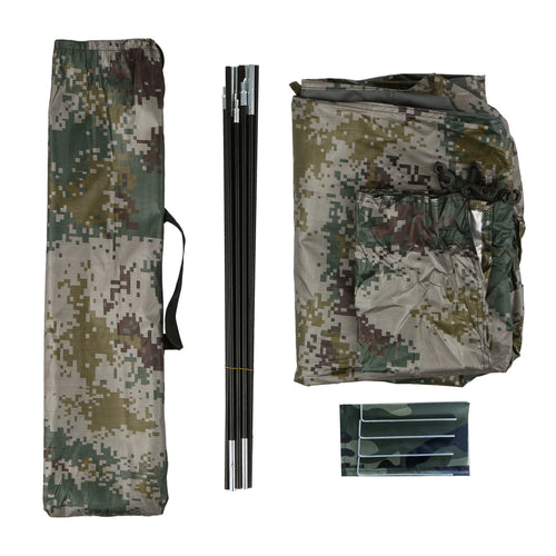 Camouflage-patterned tent parts including a tent sheet, poles, carry case, stakes and a groundsheet on a white background - offered by the best gear provider in Boston, The Adirondack Tool Co. 