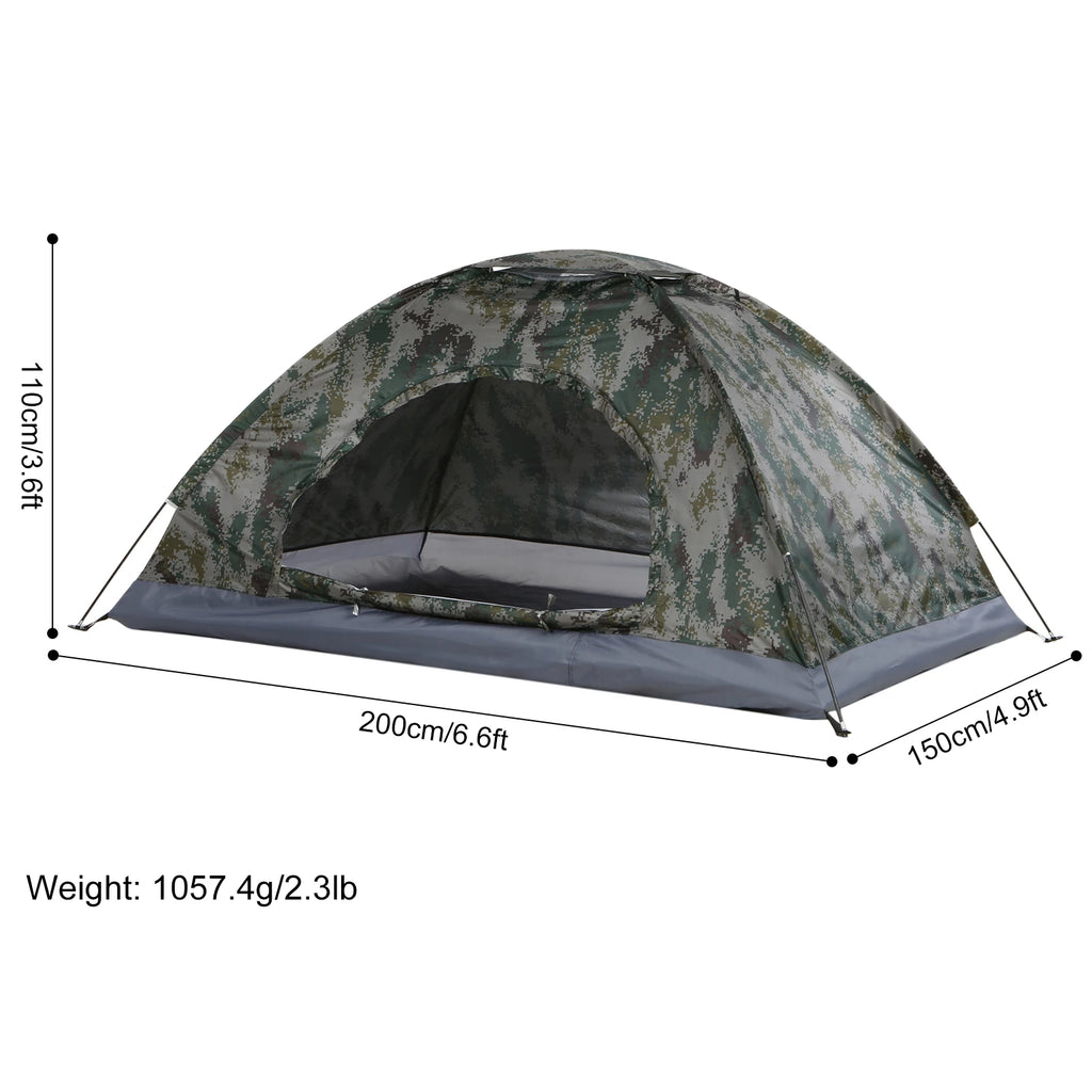 Camouflage tent with dimensions and weight displayed - offered by the best gear provider in Boston, The Adirondack Tool Co. 