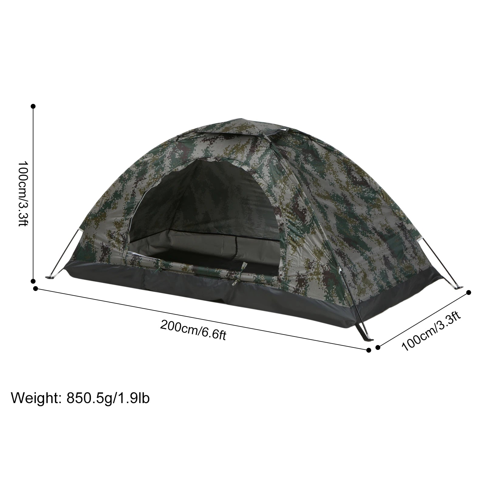 Camouflage tent with dimensions and weight displayed on a white background - offered by the best gear provider in Boston, The Adirondack Tool Co. 