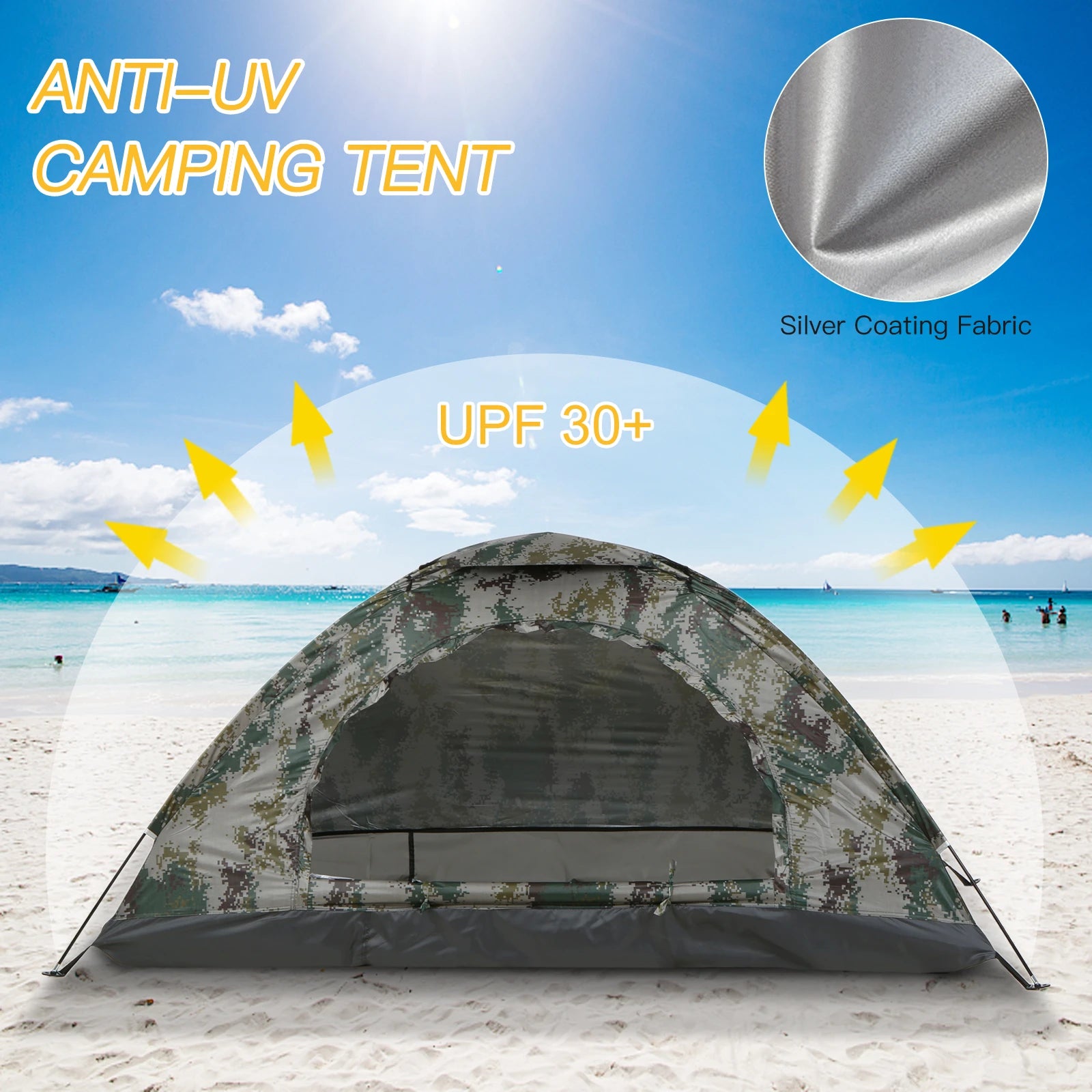 Anti-UV camping tent with silver coating fabric on a beach background - offered by the best gear provider in Boston, The Adirondack Tool Co. 