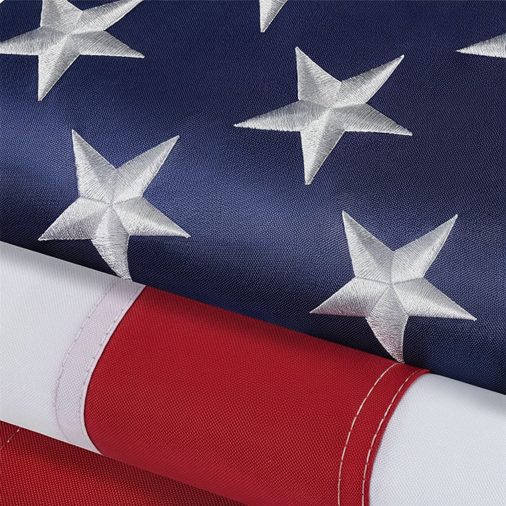 Close up of a United States flag made in America with text "Nylon Normal Wind" - offered by the best outdoor gear store in New York, The Adirondack Tool Co.