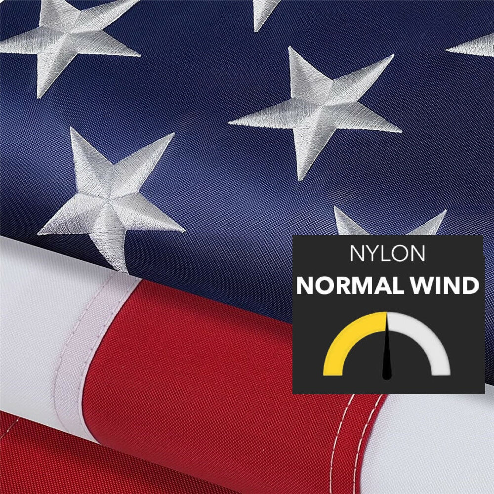 Close up of a United States flag made in America with text "Nylon Normal Wind" - offered by the best outdoor gear store in New York, The Adirondack Tool Co.
